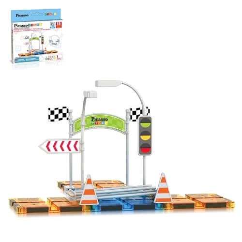 PicassoTiles Magnet Tile Compatible Building Race Track Kit Traffic Sign Accessory Stabilizers with Sticker Set STEM Educational Magnets Toddler Racecourse Structure Blocks Add On Ages 3+ PTR01 - color: 18 Pcs Traffic Sign