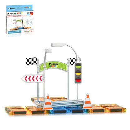 PicassoTiles Magnet Tile Compatible Building Race Track Kit Traffic Sign Accessory Stabilizers with Sticker Set STEM Educational Magnets Toddler Racecourse Structure Blocks Add On Ages 3+ PTR01 - color: 18 Pcs Traffic Sign