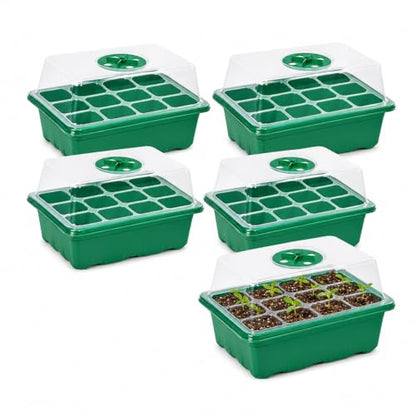 5 Pack Seed Starter Trays with Humidity Dome and Base, 12 Cell Seedling Germination Kit, Adjustable Vent Plant Growing Trays for Indoor Greenhouse, Garden and Hydroponic Seed Starting