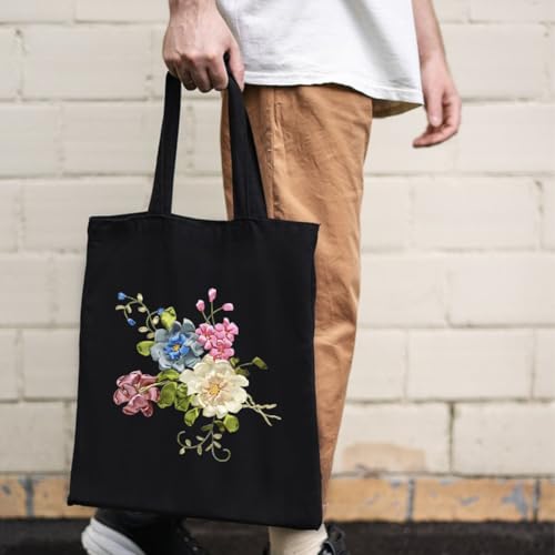 Canvas Tote Bag Silk Ribbon Embroidery Kit for Beginners Arts DIY Crafts Starter Kit Include Stamped Bag Threads Hoop - color: Color #1, Black Bag