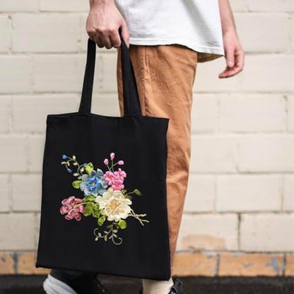 Canvas Tote Bag Silk Ribbon Embroidery Kit for Beginners Arts DIY Crafts Starter Kit Include Stamped Bag Threads Hoop - color: Color #1, Black Bag