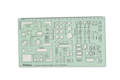 Printtoo Architect's Combination Template Stencil, 2mm Thick Clear Green Acrylic Drafting Ruler with Furniture, Door, Kitchen, Bath & Toilet Symbols for Architects, Students & Designers - color: Series-PRTD-2433A