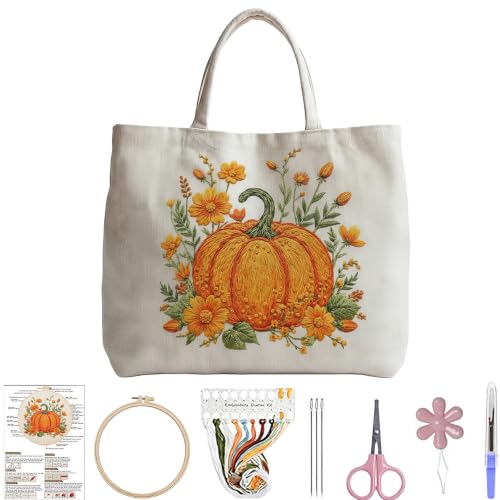 ARTopet Embroidery Tote Bag Kit for Beginners Flower Canvas Cross Stitch Handbag with Hoops Needles Threads Reusable Grocery Bag for Women-Pumpkin - color: Pumpkin