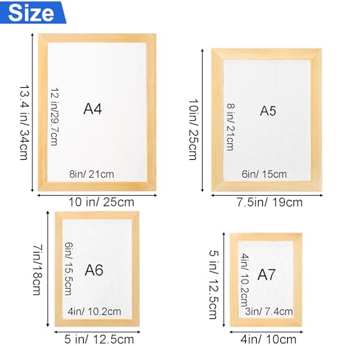 Okllen Set of 4 Paper Making Screen Kit, Wooden Paper Making Frames with Mesh, Absorbent Paper and Sponge for DIY Paper Crafts Size (A4, A5, A6, A7)