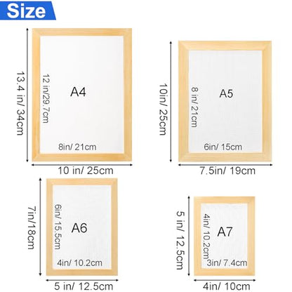 Okllen Set of 4 Paper Making Screen Kit, Wooden Paper Making Frames with Mesh, Absorbent Paper and Sponge for DIY Paper Crafts Size (A4, A5, A6, A7)