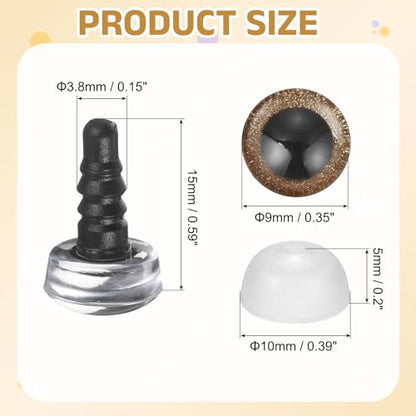 MECCANIXITY 12 Pcs Glitter Safety Eyes, 9mm Plastic 3D Crochet Doll Eyes with Washers and Drawstring Bag for Puppet Bear DIY Crafts Stuffed Animals Making Supplies, Brown - color: Brown