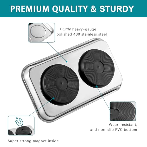 3 Pieces Magnetic Trays Set Stainless Steel Magnet Tool Tray Parts Holder for Screws, Sockets, Bolts, Pins, Mechanic's and Automotive - size: 3 Pieces Set (8.9" x 2.5" + 9.5" x 5.5")