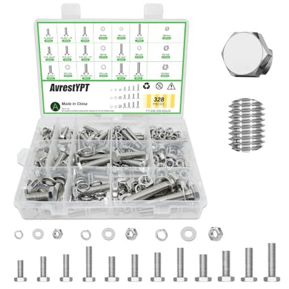 328 Pcs 1/4-20,5/16-18,3/8-16 Stainless Steel Metric Hex Head Screw Kit - size: 1/4,5/16,3/8-328Pcs
