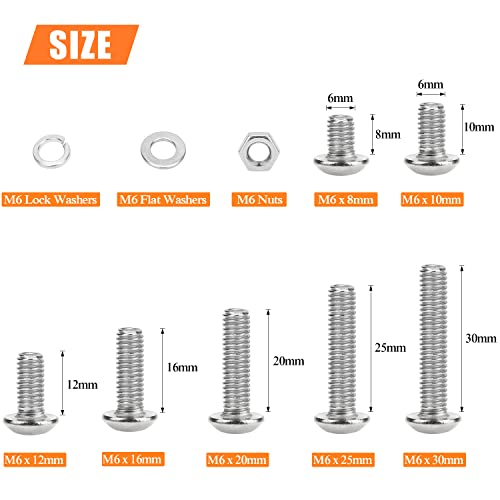 HELIFOUNER 147 Pieces M6 x 8mm /10mm /12mm /16mm /20mm /25mm /30mm, Button Head Socket Cap Screws Bolts Washers Nuts Kit, 304 Stainless Steel - size: M6, style: Button Head Socket Cap