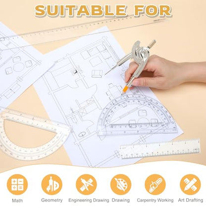 40 Pieces Geometry Math Set Compass for Geometry Math Compass and Protractor Set Include Metal Compass with Pencil Plastic Ruler and Protractor for Student School Office Woodworking Drawing Tools