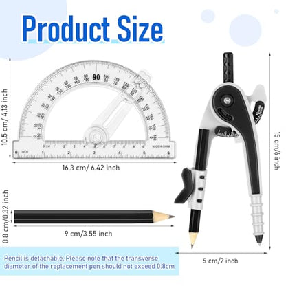 Zonon 2 Pcs Protractor and Compass Set, Swing Arm Protractor, Black Clear - color: Black