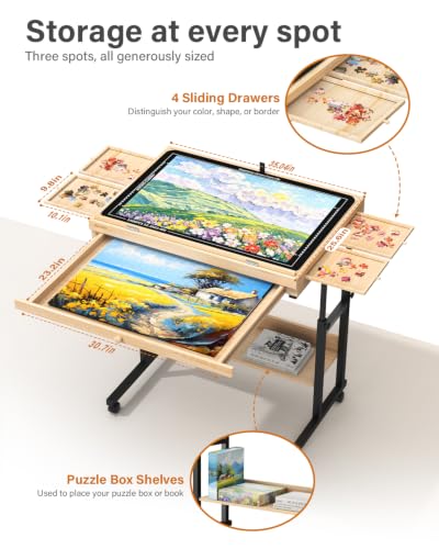 1500-Piece Wooden Puzzle Table with Moving Caster for Family Puzzling, Height Adjustable Puzzle Board with Drawers & Felt Cover for Adults & Kids, Gift for Mom, Parent, and Puzzle Enthusiasts