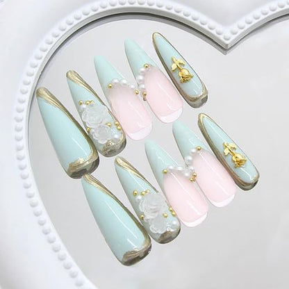 Almond Press on Nails Medium Fake Nails Light Blue French Tip Acrylic False Nails with Charms and 3D Swirl Designs Nails Press ons Reusable Stick on Nail for Women 24Pcs - color: Style12