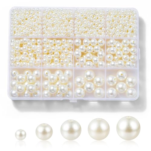Hudinsun 1200 Pcs Pearl Beads for Jewelry Making, 5 Size Round Pearls for Bracelets Making Kit Small Pearl Filler Beads with Hole for DIY Craft Necklace Earrings - size: 4mm, 6mm, 8mm, 10mm, 12mm