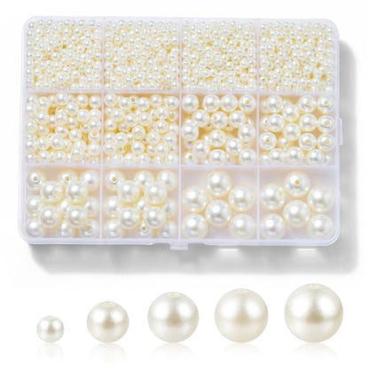 Hudinsun 1200 Pcs Pearl Beads for Jewelry Making, 5 Size Round Pearls for Bracelets Making Kit Small Pearl Filler Beads with Hole for DIY Craft Necklace Earrings - size: 4mm, 6mm, 8mm, 10mm, 12mm