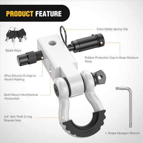 Nilight 3/4" Anti-Theft D Ring Shackle Hitch Receiver 2" Solid Towing Kit | 45000 LBs Breaking Strength 5/8" Trailer Hitch Lock Pin Heavy Duty Solid Towing Kit for Trucks Off Road White - color: Hitch w/ Lock Pin White