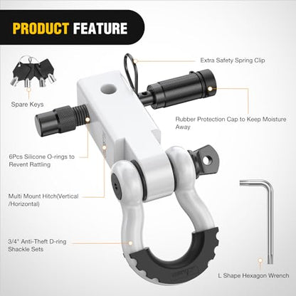 Nilight 3/4" Anti-Theft D Ring Shackle Hitch Receiver 2" Solid Towing Kit | 45000 LBs Breaking Strength 5/8" Trailer Hitch Lock Pin Heavy Duty Solid Towing Kit for Trucks Off Road White - color: Hitch w/ Lock Pin White