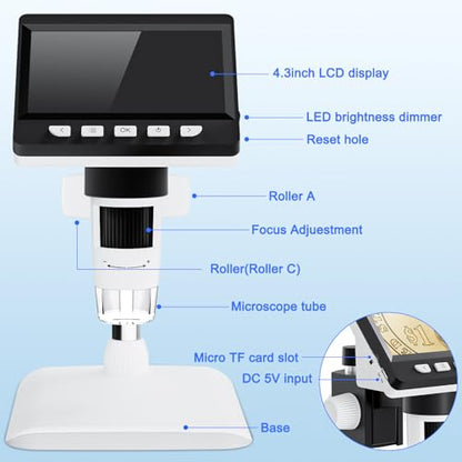 4.3" Digital Microscope for Adults, USB Coin Magnifier with 8 Lights - color: White