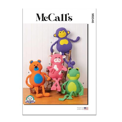 McCall's M8546OS Bear, Frog, Monkey, and Cow Plush Animals Sewing Pattern Packet by Carla Reiss, Design Code M8546, Sizes 17" Tall