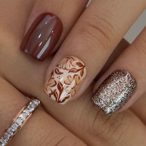CurvLife Short Square Glitter Fall Press On Nails, Golden Floral, Soft Gel - color: Brown Floral and Glitter