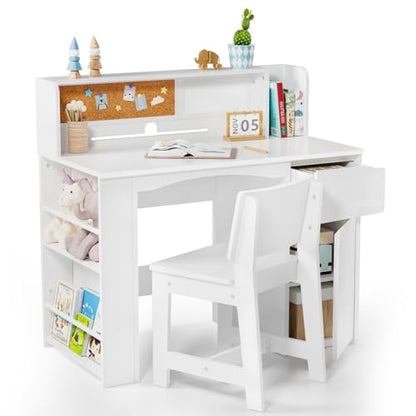 JOYMOR Kids Desk and Chair Set with Bookshelf, Kids Study Desk with Chair with Storage Cabinet, Student Writing Table for Study & Crafts, Student Computer Workstation for 5-12 Years Old, White