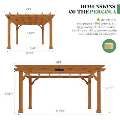AMERLIFE 12x10 FT Outdoor Wooden Pergola, Large Solid Cedar Wood Pergola Kit with Slatted Roof Design, Heavy-Duty Frame for Backyard, Patio & Garden, Red-Brown Finish - size: 12x10 FT