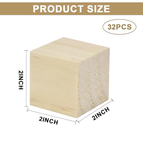 32 Pack Unfinished Wood Blocks, 2 Inch Solid Wood Cubes for Crafts - size: 2 Inch-32Pcs