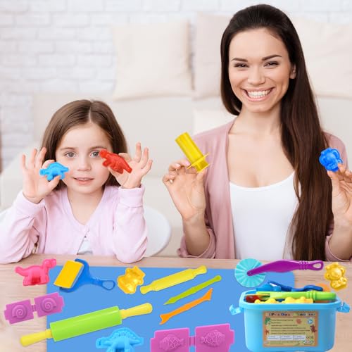 Dough Tool Set, 31 Pcs Basic Dough Tools Kits for Kids, Dough Accessories Includes Storage Container, Mat, 3D Animal, Cutters Roller, Rolling Pins, Safety Scissors