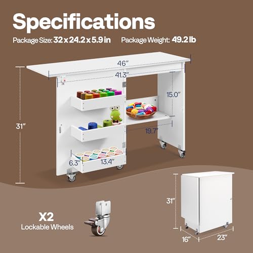 VIVOHOME Folding Sewing Table for Sewing Machine, Sewing Desk with Storage - color: White