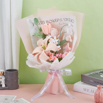 INFUNLY 12pcs/Set Crochet Flower Bouquet Kit Pink Tulip Handmade Crochet Flower Set White Lily Knitted Flowers Making Kit with Yarn Hook Instructions for Women Wedding Graduation Birthday Home - color: Beige White