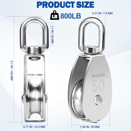 Cable Pulley Wheel Stainless Steel, 4 Pack M50 Single Pulley Snatch Block, Heavy Duty Lifting Crane Swivel Hook, Bearing Inside Rope Pulleys for Lifting System Gym Equipment Clothesline, 800 lbs Load - size: M50 - 4 Pack