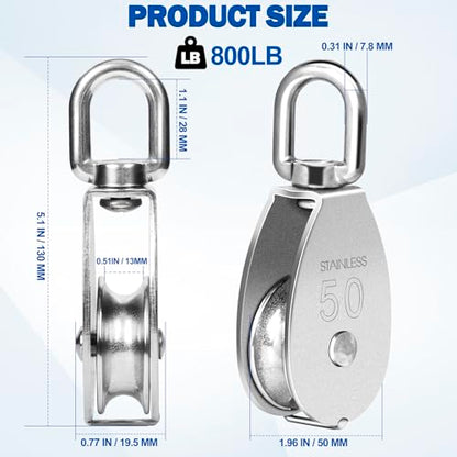 Cable Pulley Wheel Stainless Steel, 4 Pack M50 Single Pulley Snatch Block, Heavy Duty Lifting Crane Swivel Hook, Bearing Inside Rope Pulleys for Lifting System Gym Equipment Clothesline, 800 lbs Load - size: M50 - 4 Pack
