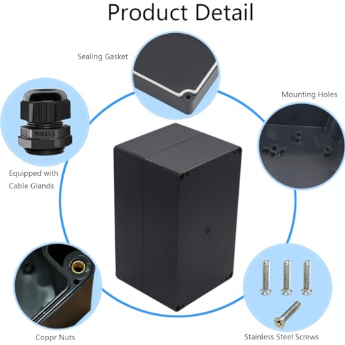 Junction Box IP65 Waterproof ABS Plastic Electrical Project Case Power Junction Boxes, Project Box with 4 PCS M16 Cable Glands 7.87x4.72x4.45 inch (200 x 120 x113 mm) - color: Black, size: 7.87"x4.72"x4.45"
