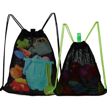 MUYIZI Beach Toy Bag 2 Pack, Mesh Drawstring Backpack for Kids and Adults - Quick Dry Sand Free Mesh Beach Bag, Portable Sand Toy Backpack, Sea Shell Bags, Shelling Collecting Tools, Bags Only (Black) - color: Black