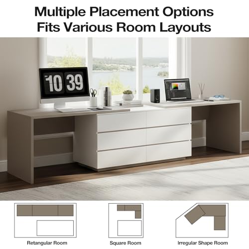 144" Extra Long L-Shaped Double Desk with 6 Dust Proof Drawers for 2 People Study Workstation, Dual Computer Desk Corner Desk for Home Office Bedroom, White Khaki, 102.36-144.26"