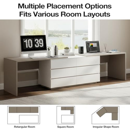 144" Extra Long L-Shaped Double Desk with 6 Dust Proof Drawers for 2 People Study Workstation, Dual Computer Desk Corner Desk for Home Office Bedroom, White Khaki, 102.36-144.26"