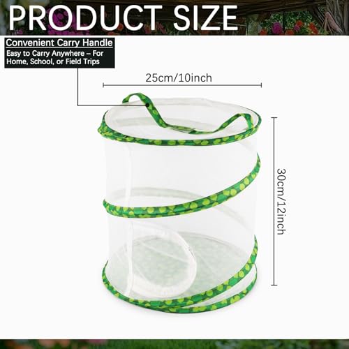 ZUFECY 12-Inch Tall Round Pop-Up Butterfly Cage - Medium Insect Habitat with Carry Handle & Top Zipper, Breathable Mesh for Caterpillar to Butterfly Kit