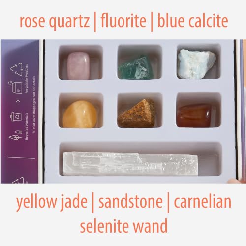 Crystal Collection Meditation Stones Set with Rose Quartz, Blue Calcite, Yellow Jade, Sandstone, Carnelian, Natural Selenite Wand, Set of 7 - color: Meditation