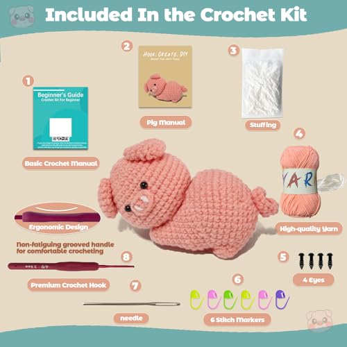 JueRum Pig Crochet Kits for Adult,Amigurumi Advanced Crochet Animals Kit with Step-by-Step Video Tutorials, Learn to Crochet Pig Animals Knitting Kit for Adult Crochet Gifts - color: Pink Curvy Hip Pig