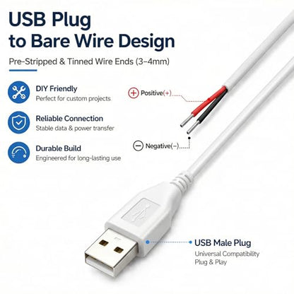 3.28ft White USB Pigtail Cable 5-Pack with Wire Connectors - color: Black, White