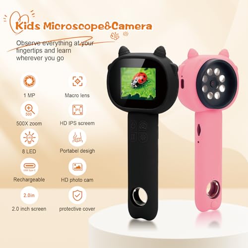 Microscope for Kids 500x Magnification,4X Zoom Mini Pocket Handheld Microscope with 2.0" Screen for Toddlers-STEM Educational Science Kit Toddler for Boys Girls Aged 3-12(Black) - color: Black