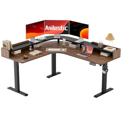 Agilestic L Shaped Standing Desk with Monitor Shelf, 63 Inch, Dark Walnut - color: Dark Walnut, size: 63x55 Inch with shelf