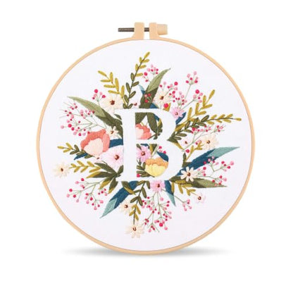 Harimau Letter B Pattern Embroidery Kit for Adult Beginners, Complete Starter Pack with 1 Hoop, Needles, Instruction Guide & Embroidery Stitch Video Tutorials - color: White B