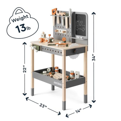 Kids Wooden Workbench, 61-Piece Tool Bench Set with Saw, Hammer, Spanner, Screwdriver, Nuts and Bolts, Chalkboard, Safety Goggles and Gloves, Construction Toy, Pretend Play, Boys, Girls Age 3+