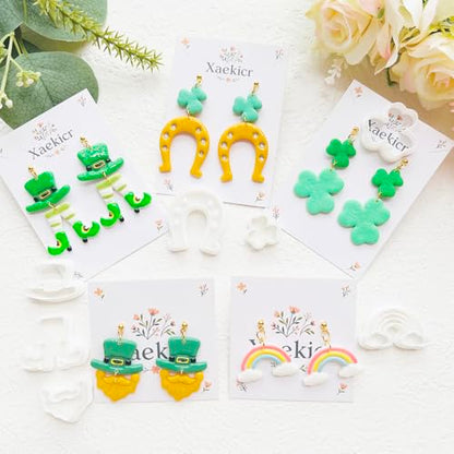 St. Patrick's Day Polymer Clay Cutters Set - 12pcs Lucky Shamrock Leprechaun Shapes for DIY Earring Jewelry Making, Soft Clay Crafts & Holiday Supplies - color: 2R color