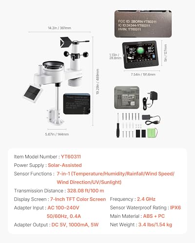 VEVOR 7-in-1 Wi-Fi Weather Station, 7-Inch TFT Display, Wireless Solar Powered Outdoor Sensor, Rain Gauge, Indoor Outdoor for Weather Forecast, Wind Speed Direction, Temperature, Humidity, Rainfall - style: Classic
