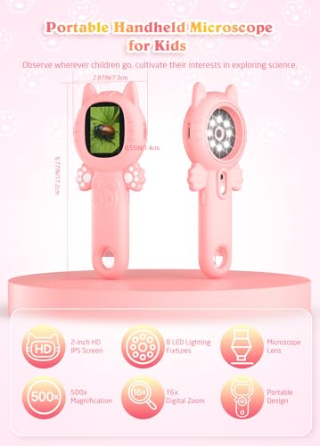 PHNIXGAM Kids Microscope Camera, 500X Handheld 2" IPS Screen, A Pink Cat - color: Pink Cat