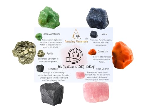 Amazing Gemstone Crystals for Motivation & Self Belief Manifestation, Set of 6 Green Aventurine, Pyrite, Hematite, Iolite, Carnelian and Rose Quartz Healing Crystals and Stones - color: Motivation & Self Belief Crystals
