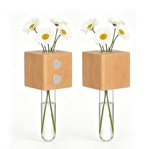2PCS 3D Mini Vase Magnets for Fridge with Glass for Home Office - color: 2pcs Beech Wood