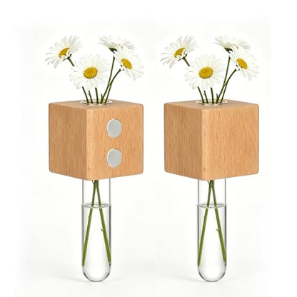 2PCS 3D Mini Vase Magnets for Fridge with Glass for Home Office - color: 2pcs Beech Wood